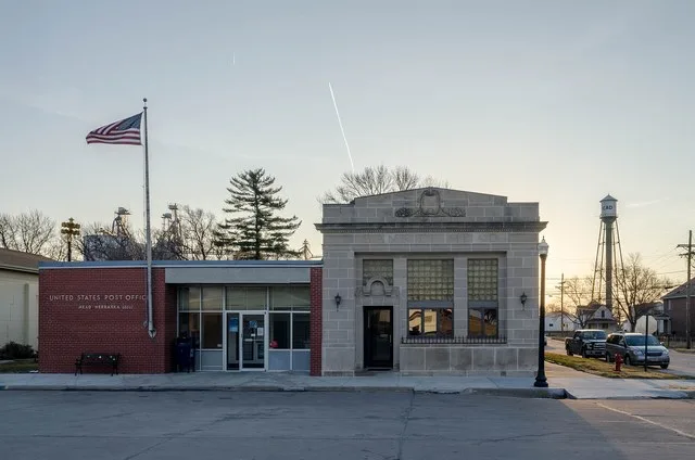 Mead, Nebraska water tower, bank, and post office.