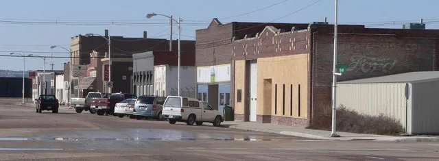 Downtown Minatare, Nebraska: west side of Main Street, looking southwest from about 6th Street.