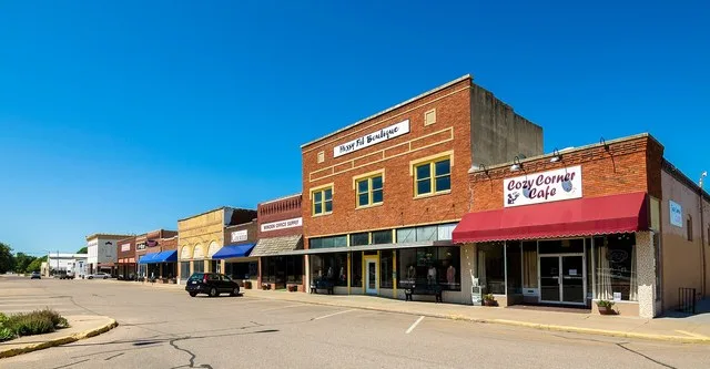 The west side of North Colorado Ave at the town center.