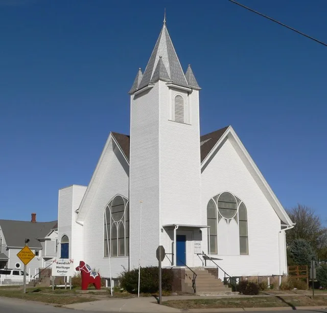 Swedish Heritage Center, located at northeast corner of 3rd Street and Charde Avenue ( U.S. Highway 77 ) in Oakland, Nebraska ; seen from the southwest.