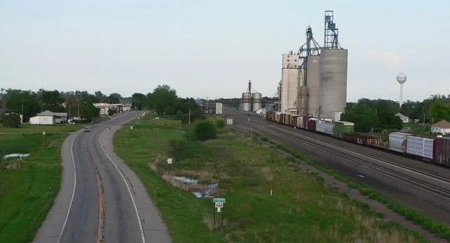 Overton, Nebraska ; looking eastward from overpass whereon county road 444 crosses U.S. Highway 30 and the Union Pacific tracks.
