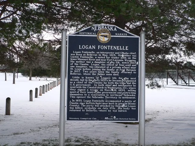 Nebraska historical marker in Petersburg, Nebraska , commemorating the nearby death of Omaha chief Logan Fontenelle in 1855.