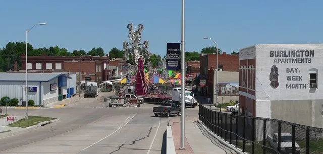Downtown Ravenna, Nebraska , looking north along Grand Avenue ( Nebraska Highway 68 ) from the overpass that carries the highway across the BNSF Railway tracks. The photograph was...