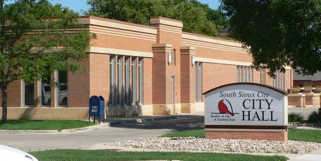 City hall in South Sioux City, Nebraska ; seen from the southeast. The Northern Cardinal is a symbol of the city.