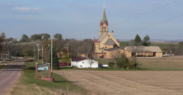 St. Helena, Nebraska , seen from the south. In the center is Immaculate Conception Church.