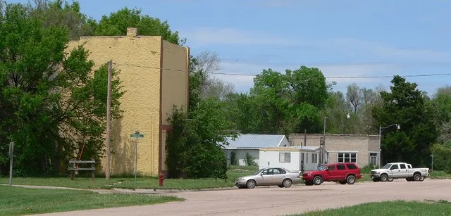 Downtown Stockville, Nebraska : west side of Wellington Street, looking northwest from south of Nebraska Avenue.