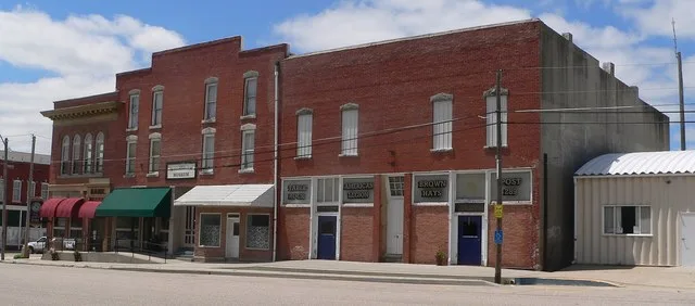 Table Rock, Nebraska: buildings on west side of Houston Street, from Luzerne Street at right (south) to about halfway between Luzerne and Pennsylvania Street. From left to right...
