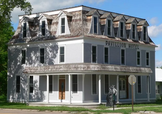 Pavillion Hotel in downtown Taylor, Nebraska ; seen from the southwest. The building, designed in Second Empire style, was built in 1887. It is listed in the National Register of...