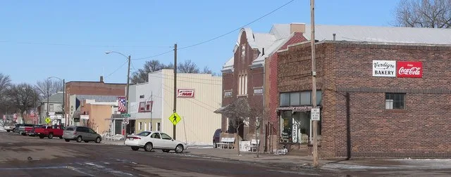 Downtown Verdigre, Nebraska : east side of Main Street looking north from 5th Avenue. Two of the buildings in this picture are listed in the National Register of Historic Places ...