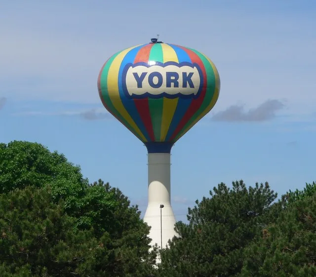York, Nebraska water tower, northwest of the junction of U.S. Highway 81 and Interstate 80.