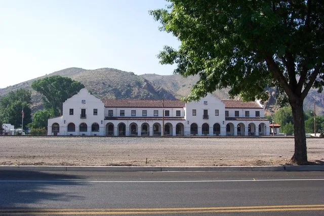 The Caliente Railroad Depot — in Caliente , southern Nevada. The 1923 Mission Revival style train station and railway hotel was designed by John and Donald Parkinson for the Los A...