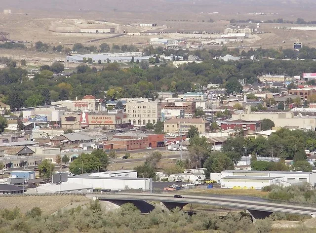 View of downtown Elko, Nevada from a bluff to the south.