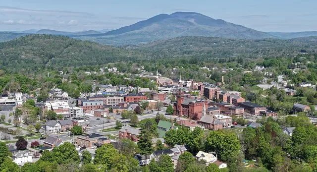 Claremont, New Hampshire, from the southeast, with Mount Ascutney in the background