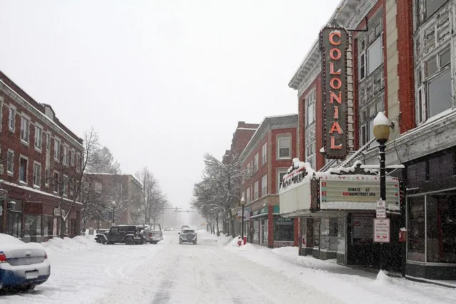 Main street in Laconia, New Hampshire, during a snowstorm.