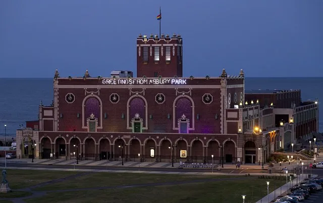The Paramount Theatre and Asbury Park Convention Hall, Asbury Park, New Jersey, USA, at nightfall