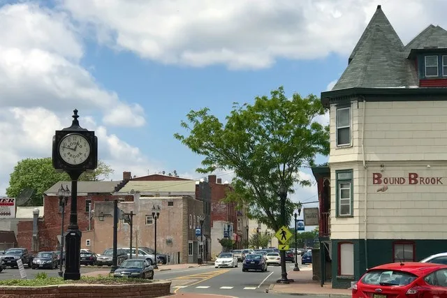 Bound Brook Hotel and clock tower on Main Street in Bound Brook, New Jersey .