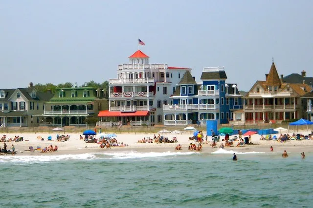 Houses on Beach Avenue in Cape May (city), New Jersey. Photo taken from the sea. In Cape May Historic District listed as a National Historic Landmark district.