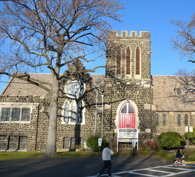 Looking northeast at Trinity Episcopal Church on a sunny early afternoon.