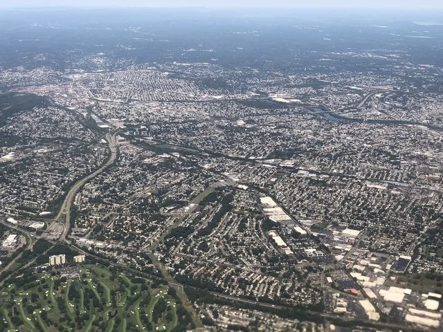 Aerial view of Clifton, Passaic County, New Jersey from an airplane shortly after takeoff from Newark Liberty International Airport