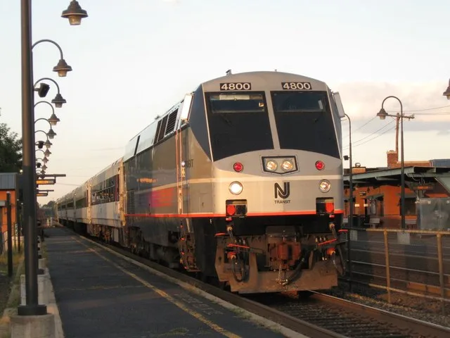New Jersey Transit GE P40DC #4800 (ex-Amtrak #812) pulls Train 5439 into the Dunellen Railroad Station, en route to Raritan on the Raritan Valley Line.