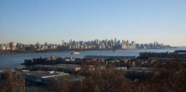 View of development in south Edgewater, NJ with Hudson River and Manhattan in background.