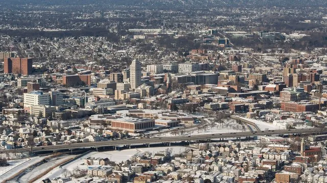 The Elizabeth, New Jersey skyline in winter 2026