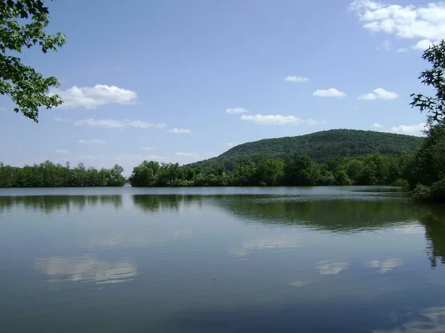 View of High Mountain (highest peak of the Watchung Mountains ) and the former Haledon Reservoir in Franklin Lakes Nature Preserve , a 147 acre public nature reserve in Franklin L...
