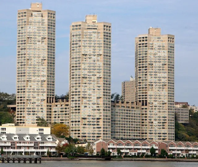 View of the Galaxy Towers in Guttenberg, New Jersey from the Hudson River .