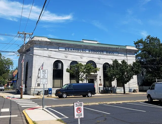 Photo of the Keansburg , New Jersey Borough Hall. Photo taken from Carr Avenue looking north-northeast across CR 7 (Church Street).