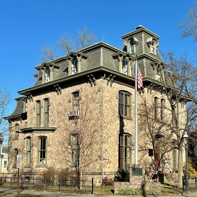 The Lambertville City Hall , also known as the A. H. Holcombe House, in Lambertville, New Jersey . Contributing property of the Lambertville Historic District . This is an image o...