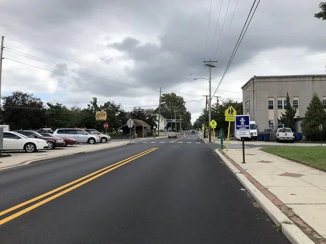 View east along Camden County Route 669 (Stone Road) at Park Avenue in Laurel Springs, Camden County, New Jersey