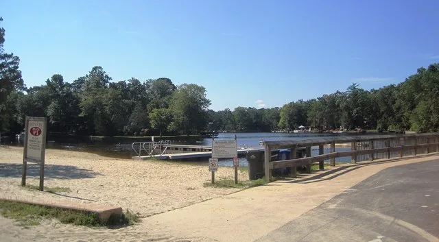Photo showing Lower Aetna Lake in Medford Lakes , New Jersey . Photo taken looking south from Tabernacle Road ( County Route 532 .