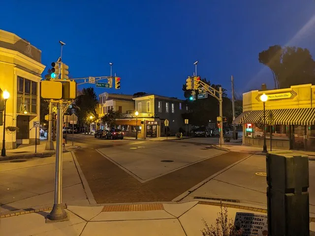 This is a photograph of downtown Merchantville, New Jersey taken at the intersection of W Park Avenue and S Centre Street