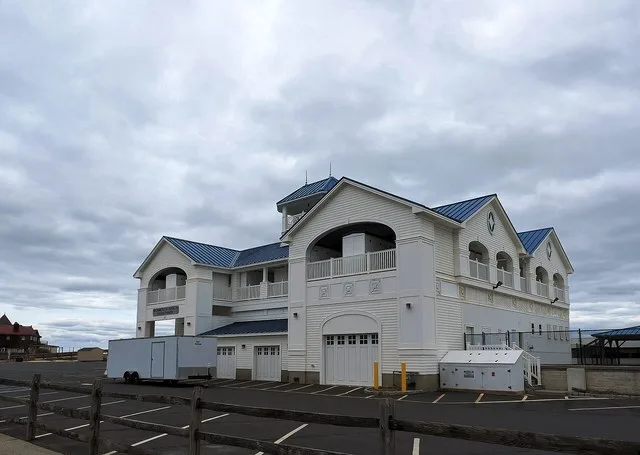 Photo of the Monmouth Beach Bathing Pavilion in Monmouth Beach , New Jersey . Photo taken from New Jersey Route 36 (Ocean Avenue) looking east-northeast.