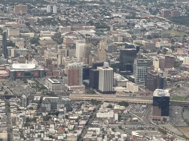 Aerial view of downtown in Newark, Essex County, New Jersey from an aircraft which just departed from Newark Liberty International Airport
