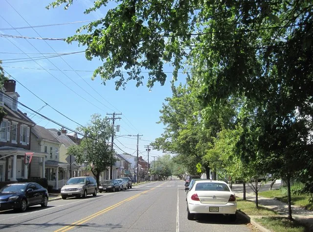 Photo of the center of Pemberton borough, New Jersey . Photo taken on westbound Hanover Street (County Route 616) approaching Elizabeth Avenue (CR 687).
