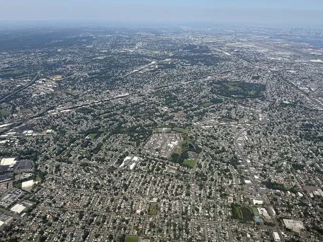 View of Roselle (center) and surrounding communities in Union County, New Jersey from a plane departing Newark Liberty International Airport