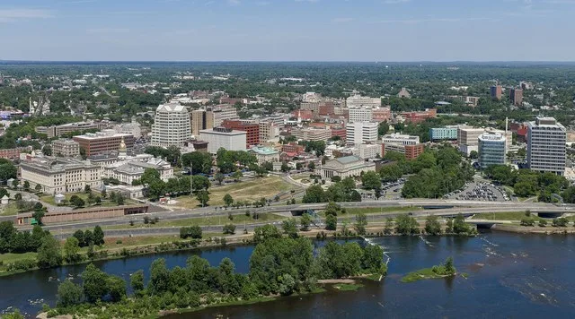 Aerial view of downtown Trenton, New Jersey (pop. 90,000), the former capital of the United States from November 1 until December 24, 1784.