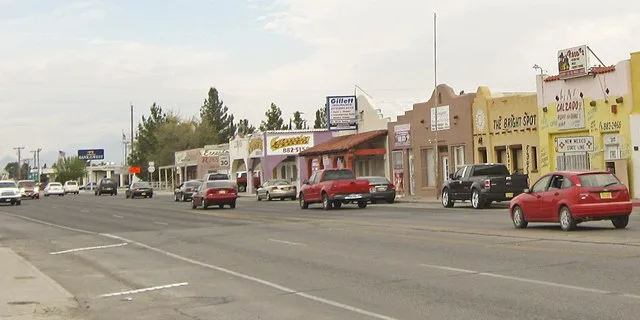 Main Street of Anthony, New Mexico, photographed looking north from just south of the New Mexico-Texas state line.