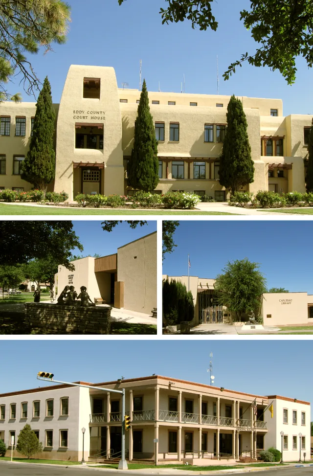 Collage of photos around Carlsbad including the Eddy County Courthouse, Carlsbad Museum and Art Center, Carlsbad Library, and Carlsbad Municipal Building.