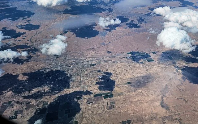 The city of Deming, New Mexico, USA from the air. Near the center of the image is the Deming Municipal Airport, a former WWII Army Airfield.
