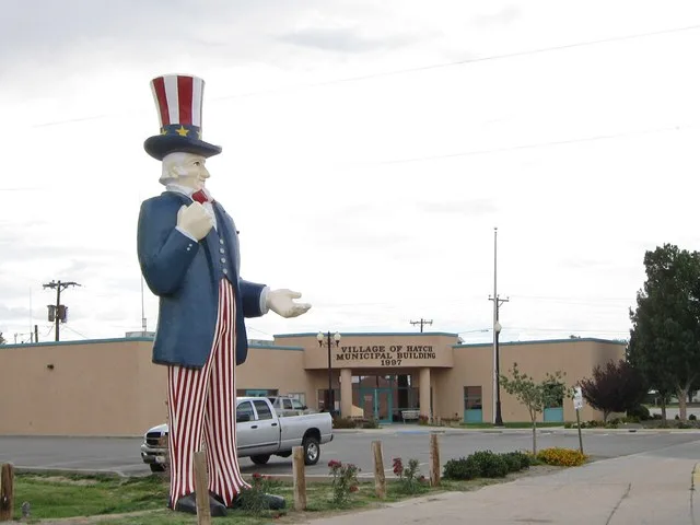 Hatch (New Mexico) Municipal Building, located at 133 North Franklin, with large statue of Uncle Sam in front (about 20 feet high)