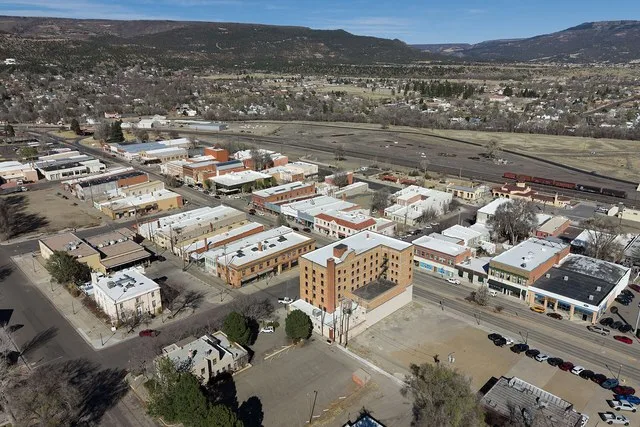 Aerial view of Raton, New Mexico, a city with a population of 6,041.