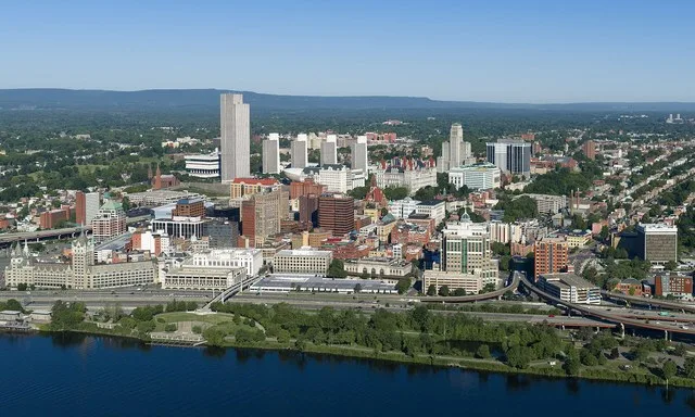 Skyline of downtown Albany, New York (pop. 99,224), the capital city of the U.S. state of New York.