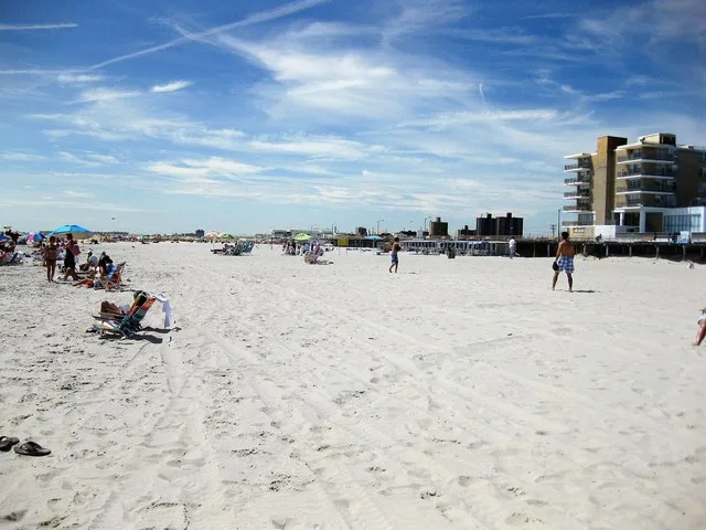 The beach in the village of Atlantic Beach on Long Island, NY. This photo was taken facing northwest. The boardwalk is visible on the right hand side of the photo.