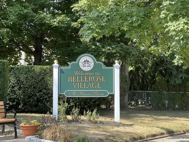 A Village of Bellerose welcome sign in the Inc. Village of Bellerose, NY on August 31, 2022. This sign is located at the parking lot for the Bellerose LIRR station.
