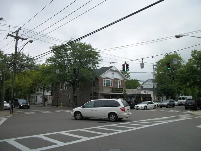 Station Road, facing Bellport Lane at the intersection of South Country Road and the Village Bistro, still only a small part of the Bellport Village Historic District in Bellport...