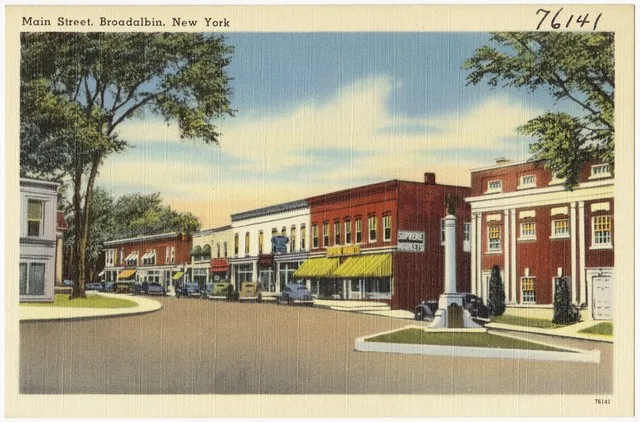 File name: 06_10_004700 Title: Main Street, Broadalbin, New York Created/Published: Date issued: 1930-1945 (approximate) Physical description: 1 print (postcard) : linen texture...