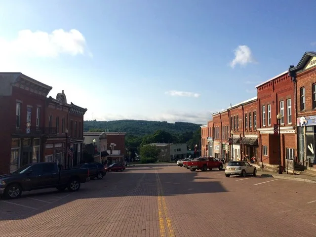 Looking southward down North Main Street (NY 353) from the corner of Jefferson Street in the Village of Cattaraugus, New York.