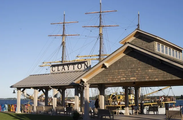 Harbor of Clayton, NY, September 2019, with the Picton Castle tall ship in the background